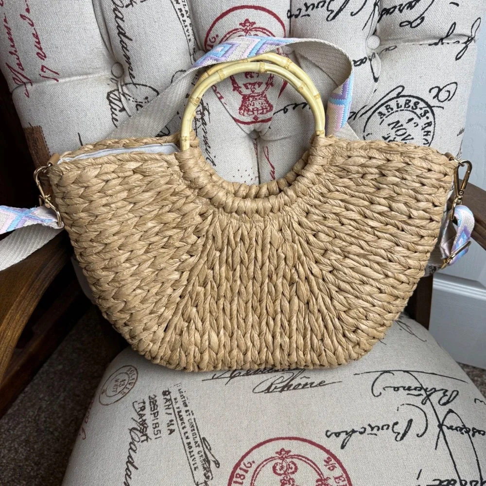 Haute Hippie Woven Straw Half Moon Tote Bag Bamboo Handle Crossbody Purse